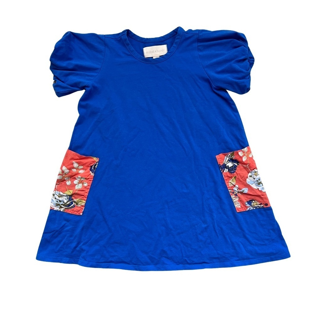 Mabel + Honey Dress Blue Orange Floral Pockets on Sides SZ 5 girls Puff Sleeves